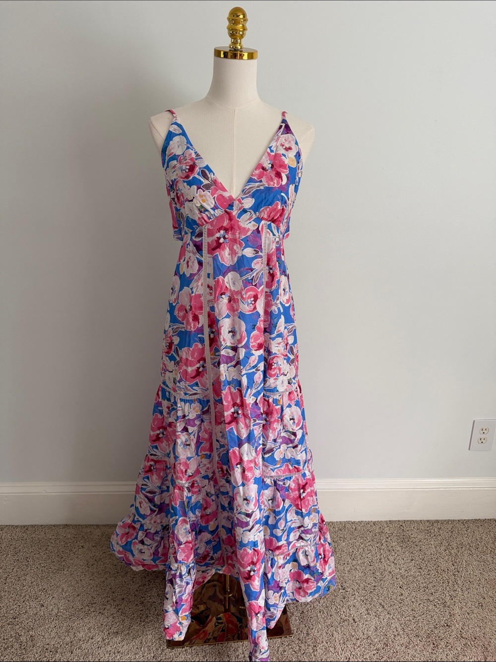 Floral V-Neck Maxi Dress in Blue and Pink